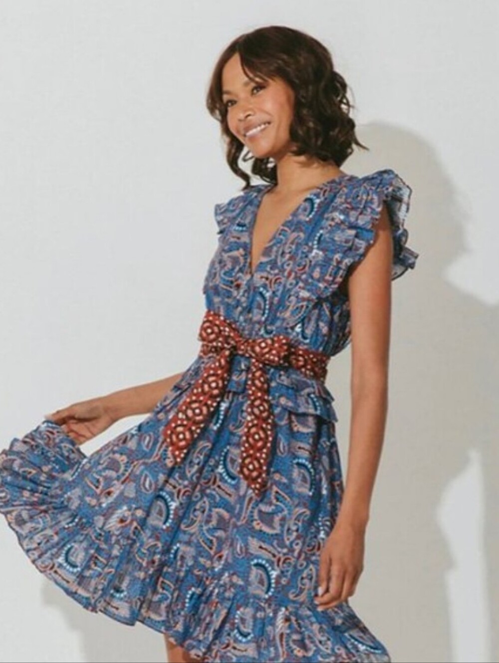 Cleobella Elara Mini Dress M Blue Rust Paisley Organic Cotton Belted Boho